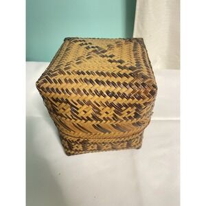 Vintage Handwoven‎ Lidded Basket – Bamboo Storage Box – Boho Decor